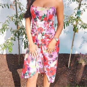 PrettyLittleThing Strapless Floral Twist-Front Midi Dress - Pink, Red, Purple